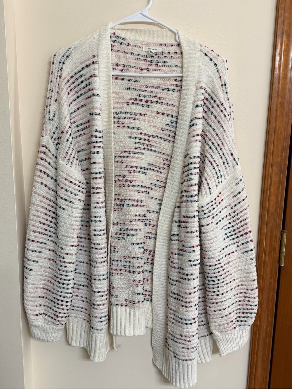 Maurices Cream Open-Front Cardigan with Pink and Black Speckles